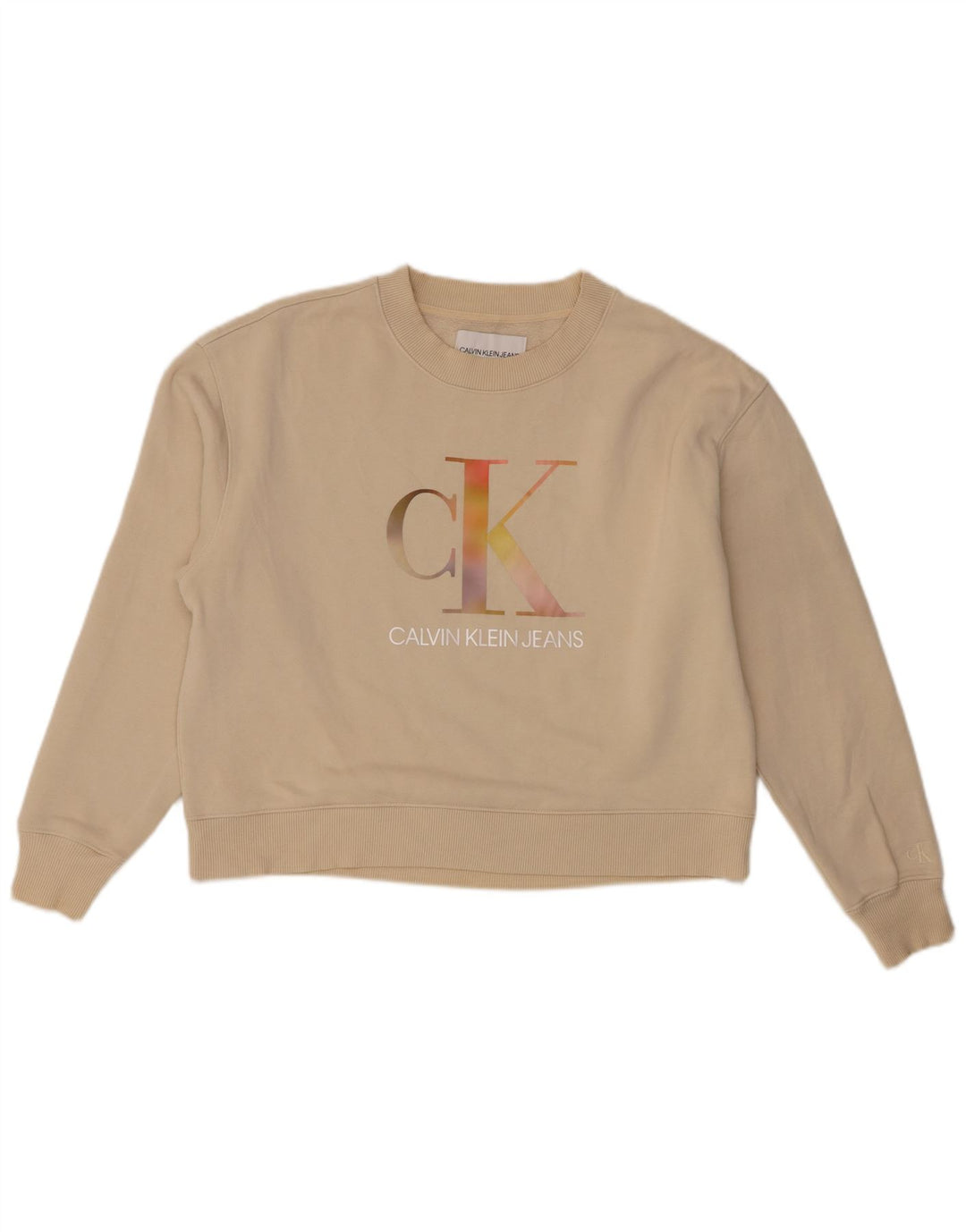 Calvin Klein Jeans Feminino Crop Graphic Moletom Jumper Reino Unido 14 Médio Bege