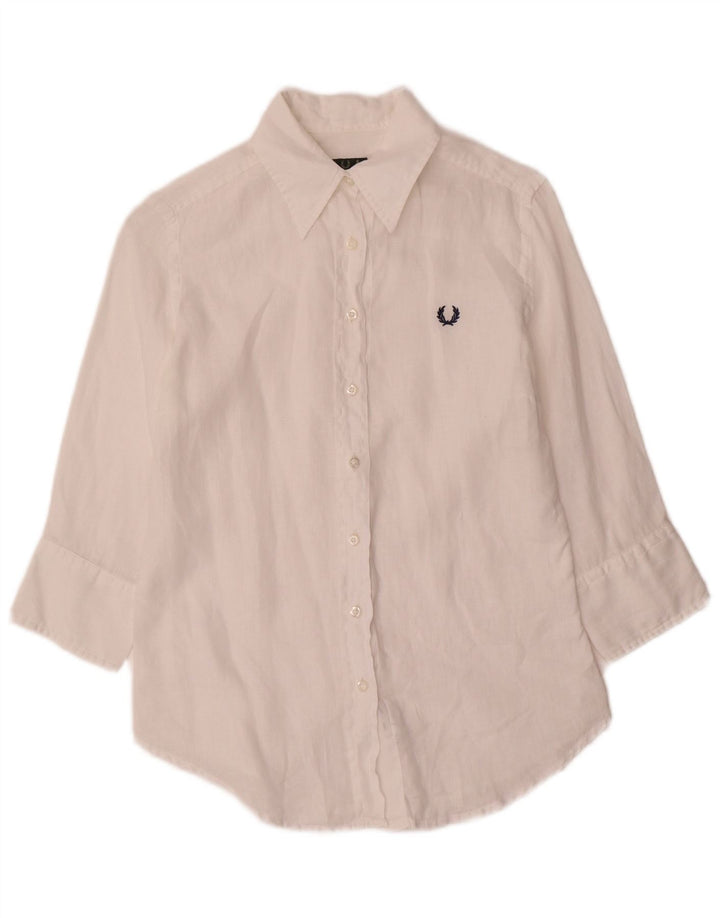 Camisa feminina de manga 3/4 Fred Perry UK 10 pequena linho branco