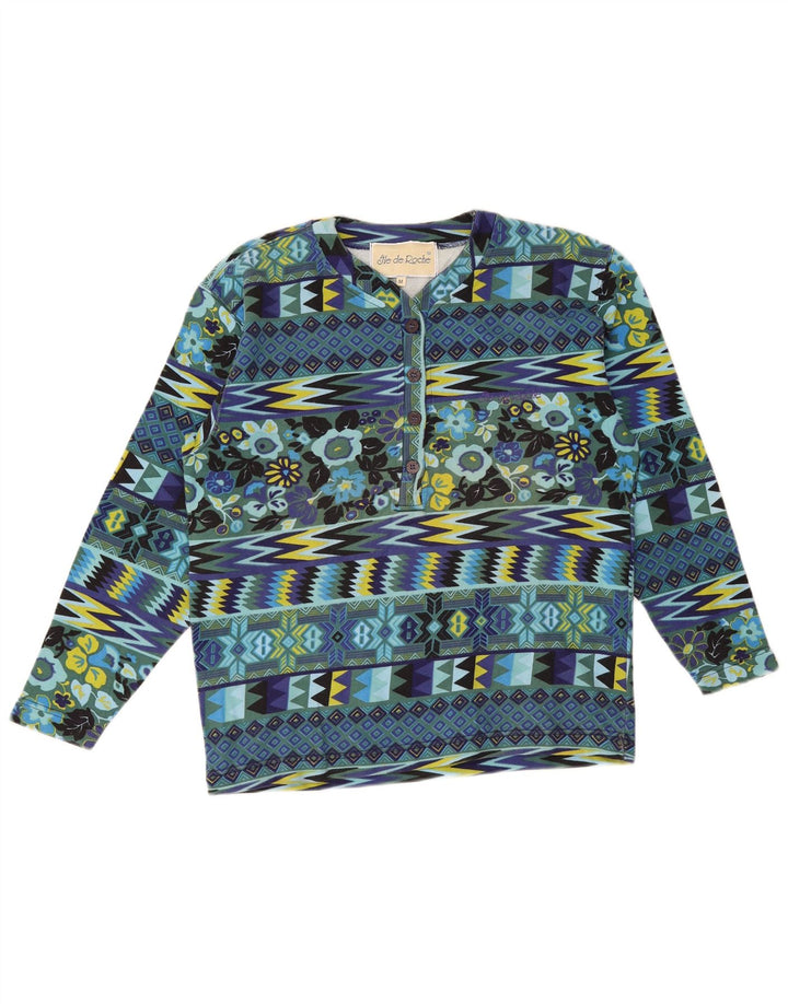 Top feminino vintage de manga comprida Reino Unido 14 algodão geométrico azul médio