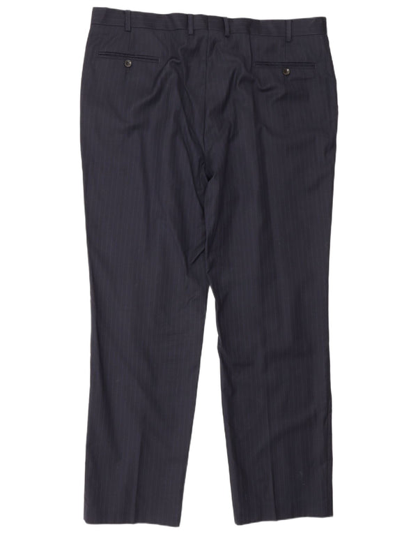 Calça masculina de terno reto Marks & Spencer W42 L33 lã listrada azul marinho