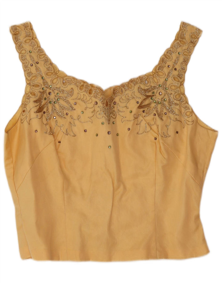 Blusa feminina vintage sem mangas, top UK 12 médio amarelo