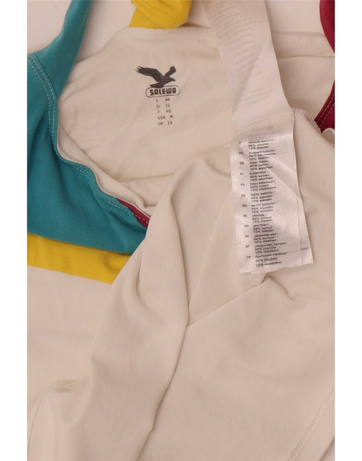 SALEWA Top feminino frente única UK 10 pequeno algodão colorido branco