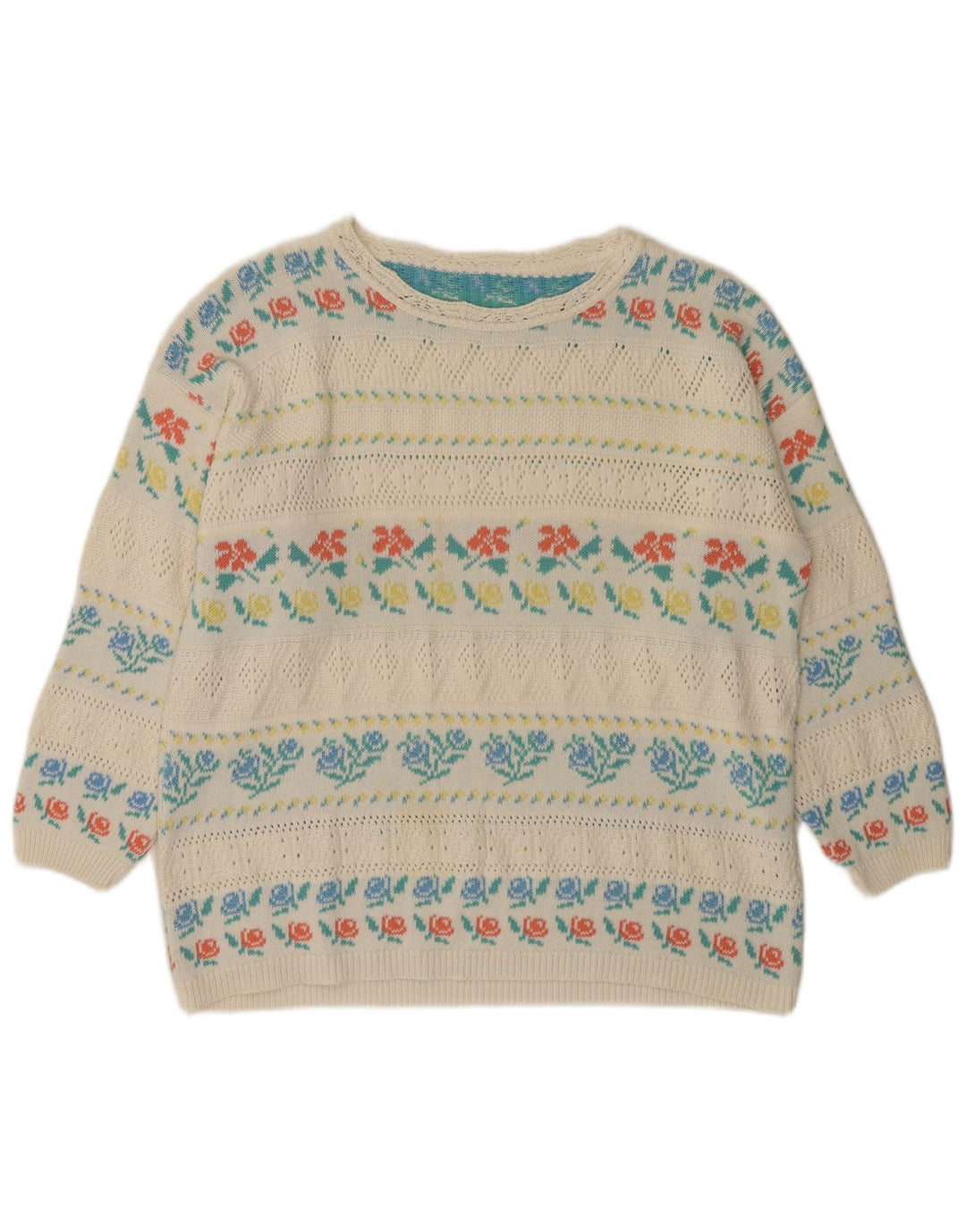 Suéter feminino VINTAGE com gola canoa IT 46 acrílico floral branco grande