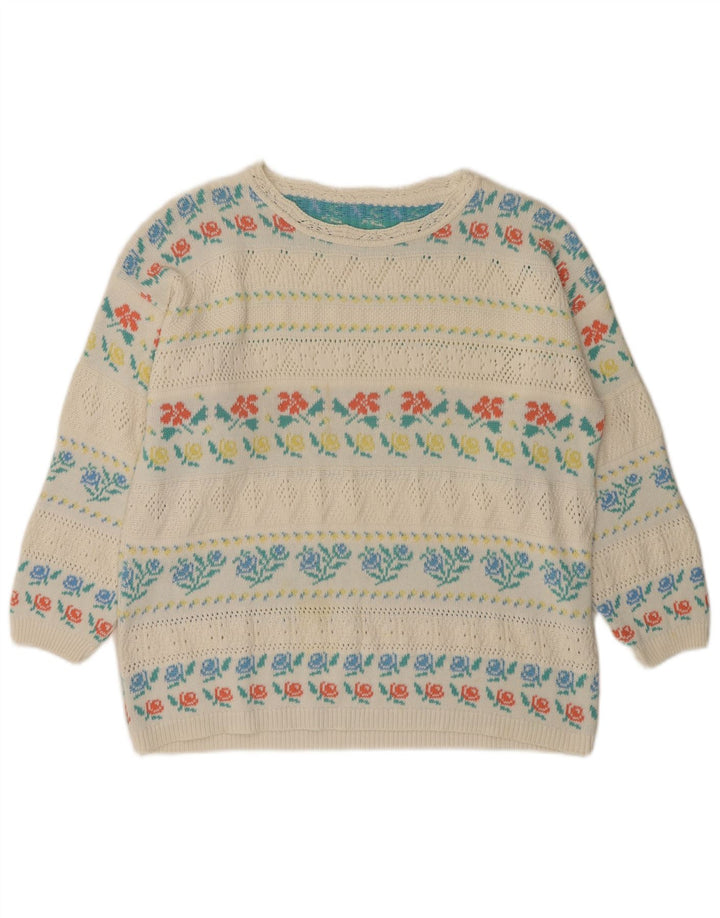 Suéter feminino VINTAGE com gola canoa IT 46 acrílico floral branco grande