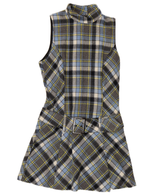 Vestido feminino SISLEY sem mangas evasê UK 6 XS lã xadrez multicolorida