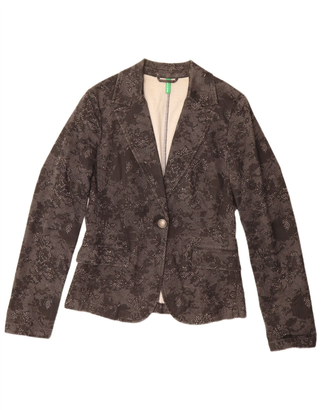 Jaqueta blazer feminina Benetton com 1 botão Reino Unido 10 pequeno algodão floral preto