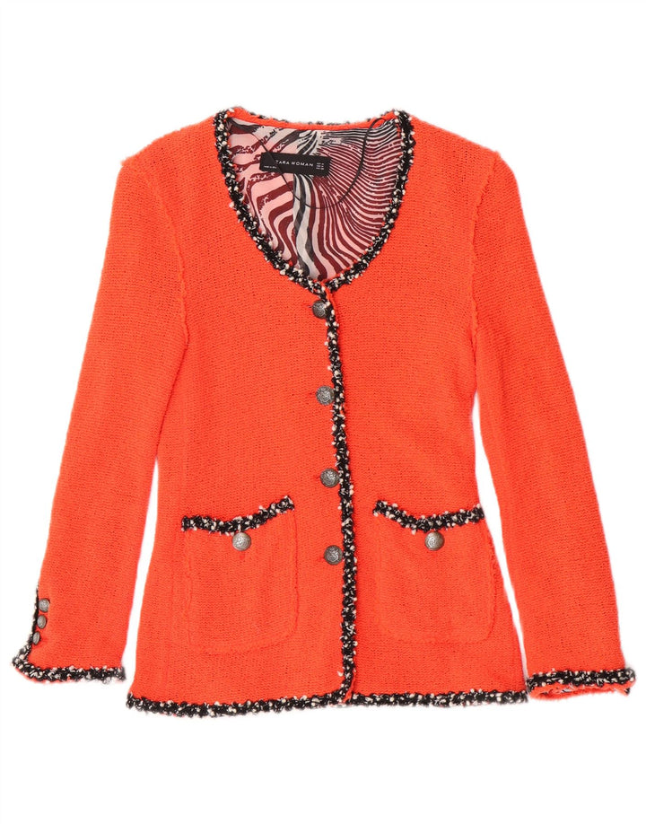 Jaqueta blazer feminina Zara tricotada com 4 botões Reino Unido 12 algodão laranja médio