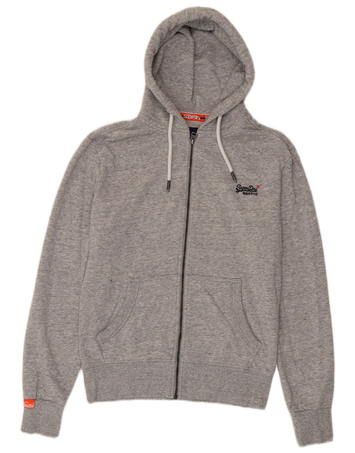 Suéter masculino Superdry com capuz e zíper pequeno algodão manchado cinza