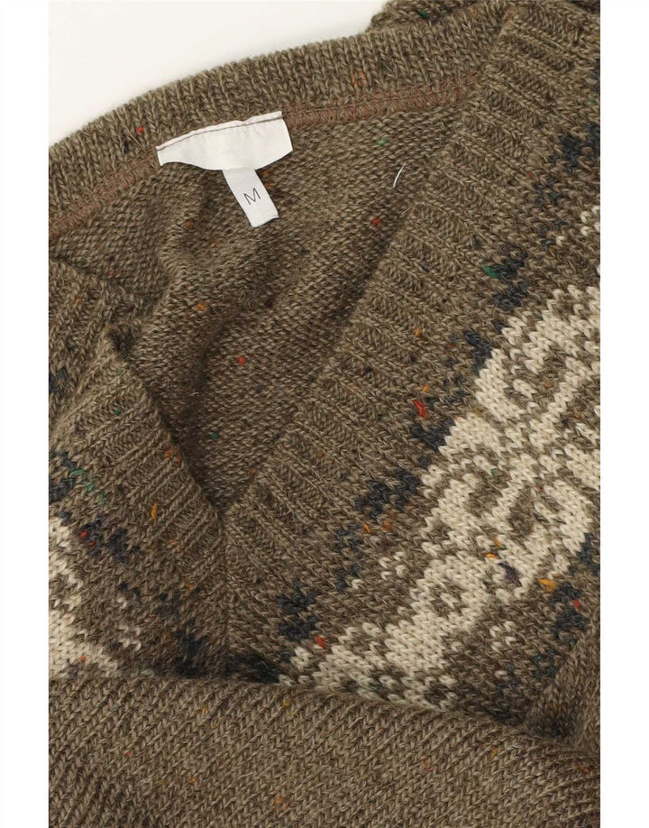 Suéter masculino vintage com decote em V médio cáqui Fair Isle