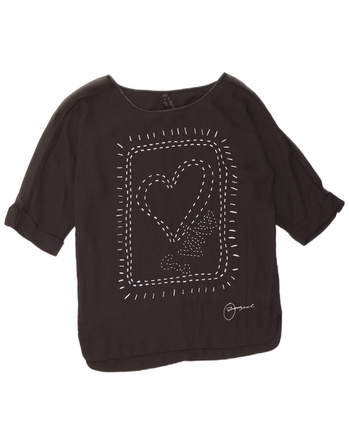 DESIGUAL blusa feminina gráfica top UK 14 médio preto