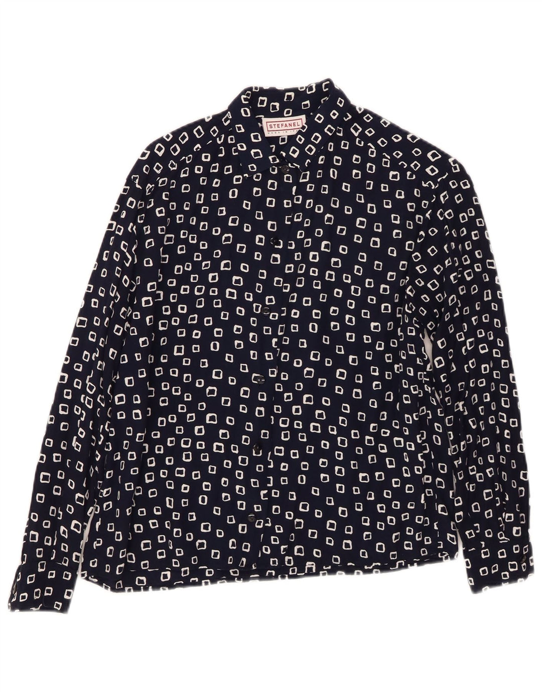 Camisa feminina STEFANEL UK 16 grande azul marinho geométrica