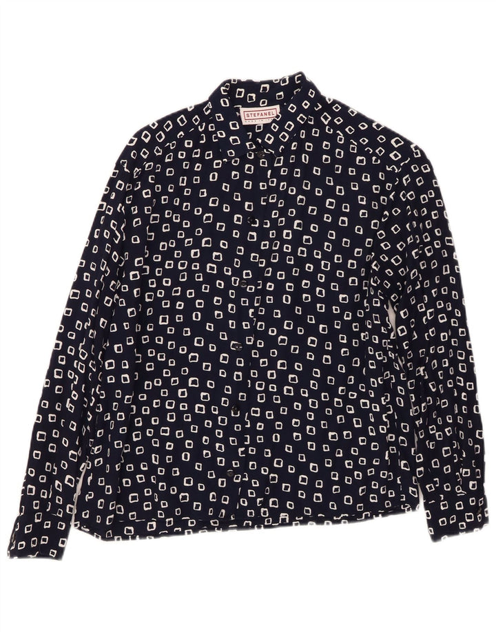 Camisa feminina STEFANEL UK 16 grande azul marinho geométrica