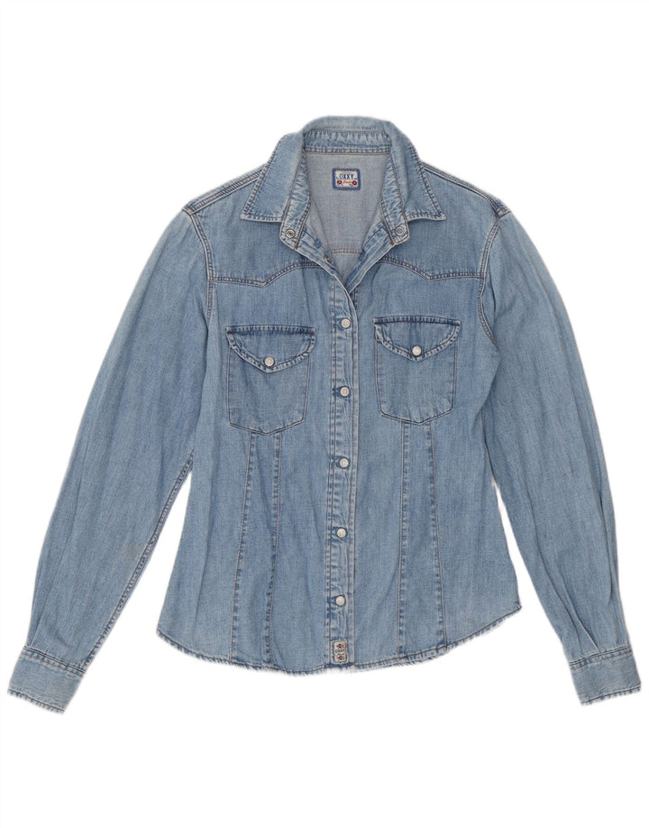 Camisa jeans feminina OXXY Reino Unido 12 algodão azul médio
