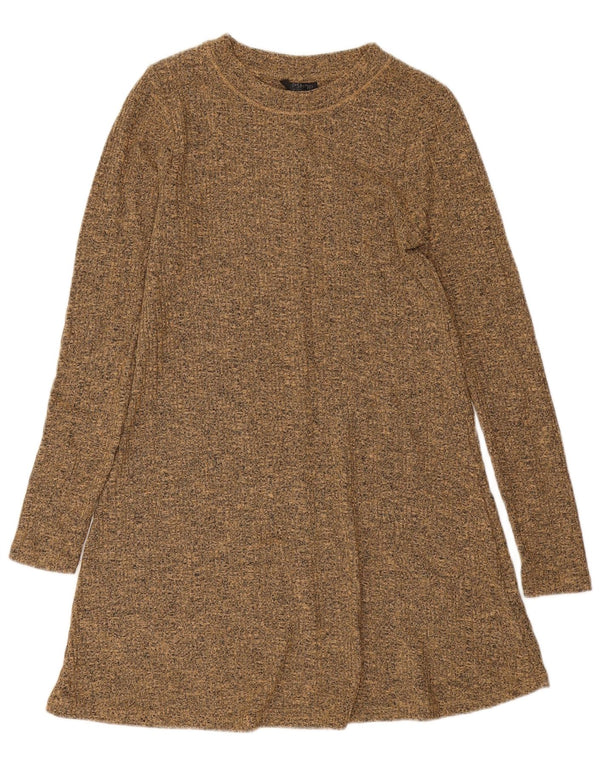 Vestido jumper feminino de manga comprida Topshop Reino Unido 10 poliéster manchado bege pequeno