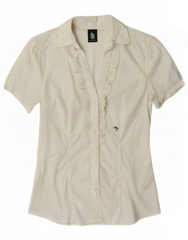 Blusa feminina Marina Yachting com babados na frente Reino Unido 6 XS branco manchado