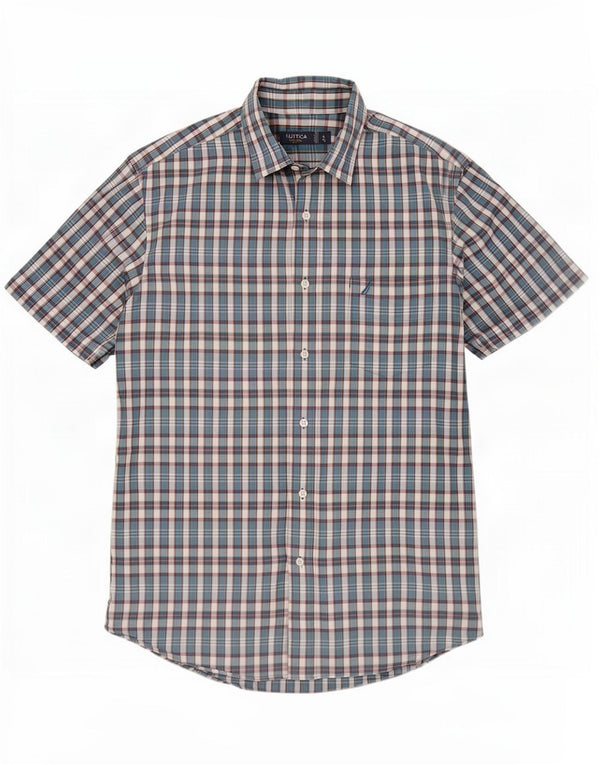 Camisa masculina Nautica de manga curta slim fit grande algodão xadrez azul