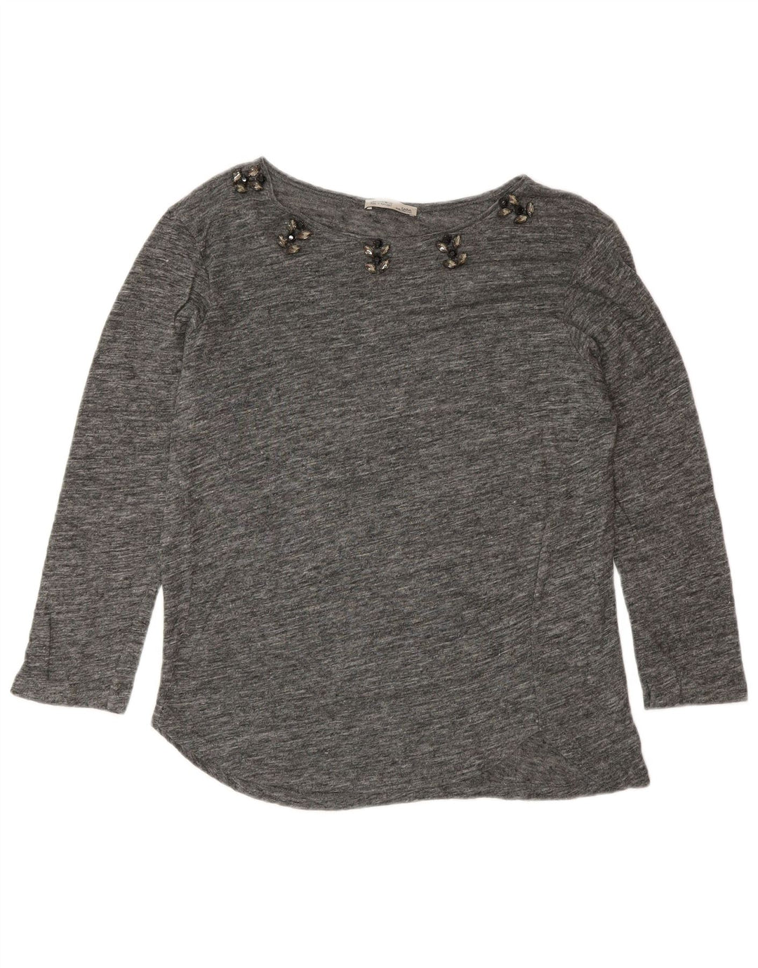 Top feminino Zara manga 3/4 Reino Unido 14 cinza médio manchado