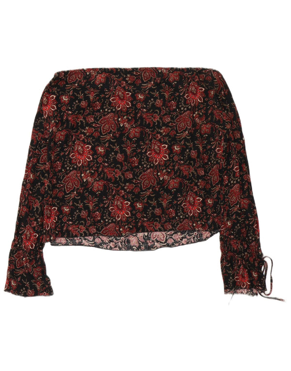 Zara Womens Crop Manga Longa Fora Do Ombro Top Reino Unido 16 Grande Preto Floral