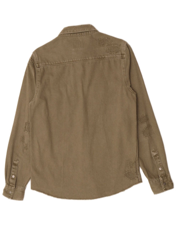 Camisa jeans masculina Zara com ajuste relaxado e desgastado pequeno algodão cáqui