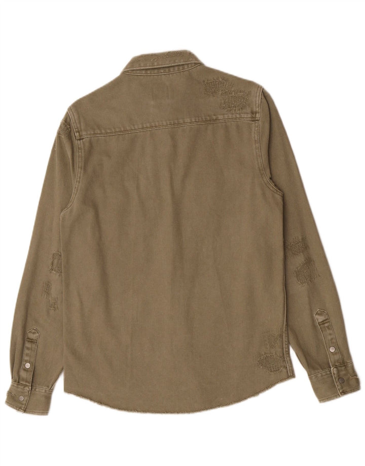 Camisa jeans masculina Zara com ajuste relaxado e desgastado pequeno algodão cáqui