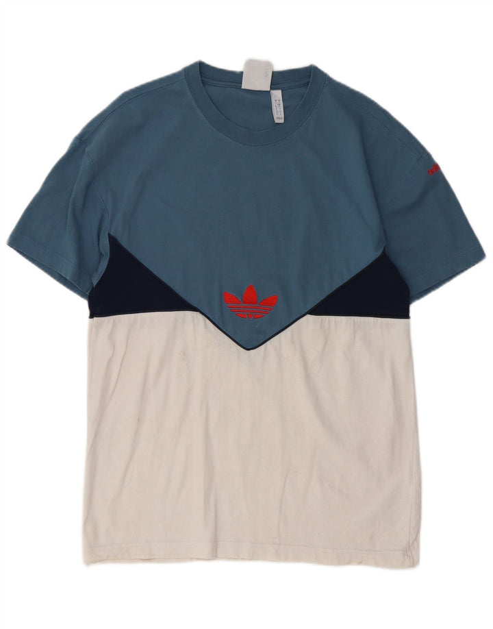 Adidas Mens Camiseta Top Pequeno Azul Colorblock Algodão