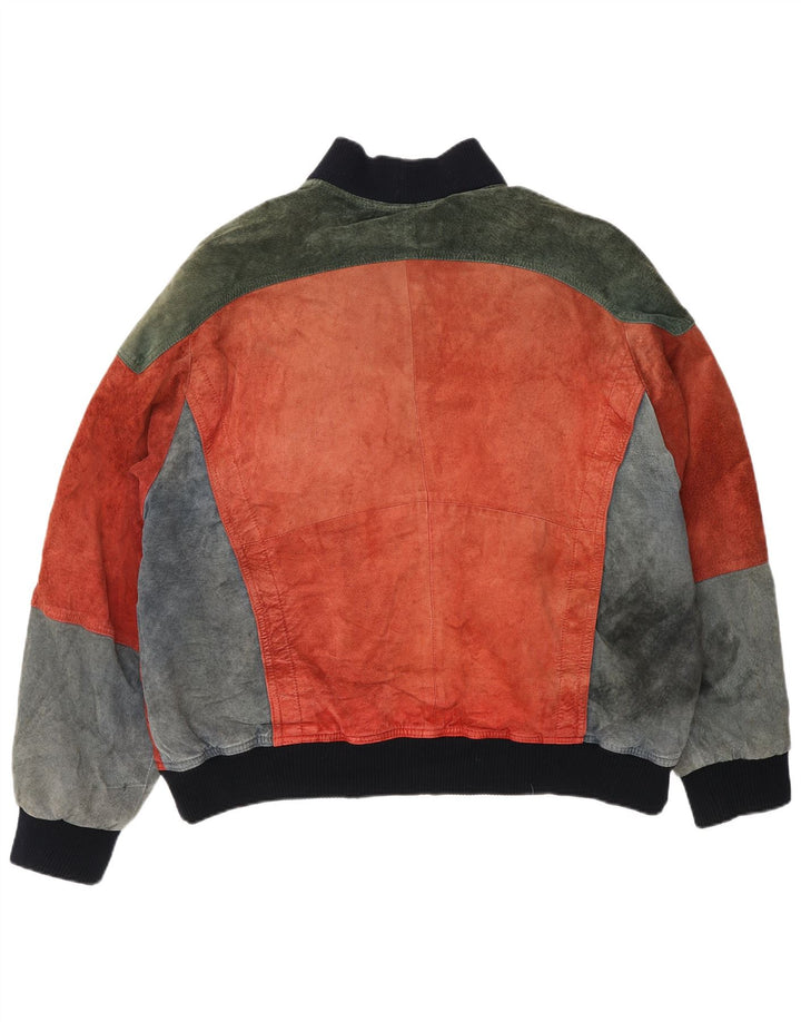 Jaqueta bomber masculina VINTAGE de camurça com ajuste solto Reino Unido 38 bloco colorido vermelho médio