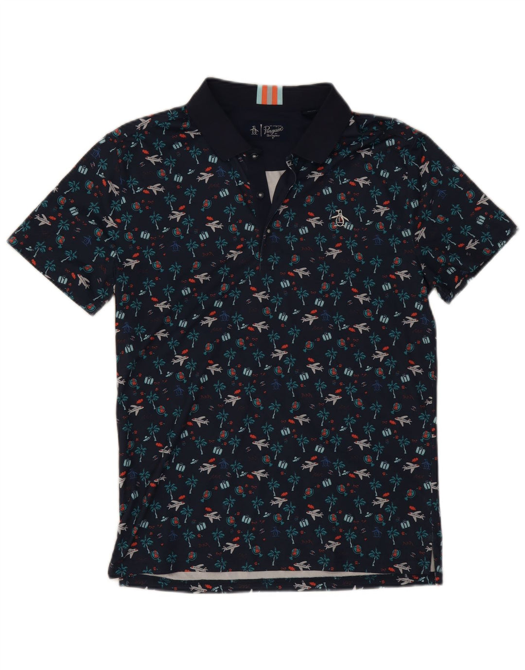 Camisa polo masculina gráfica Penguin pequena azul marinho poliéster