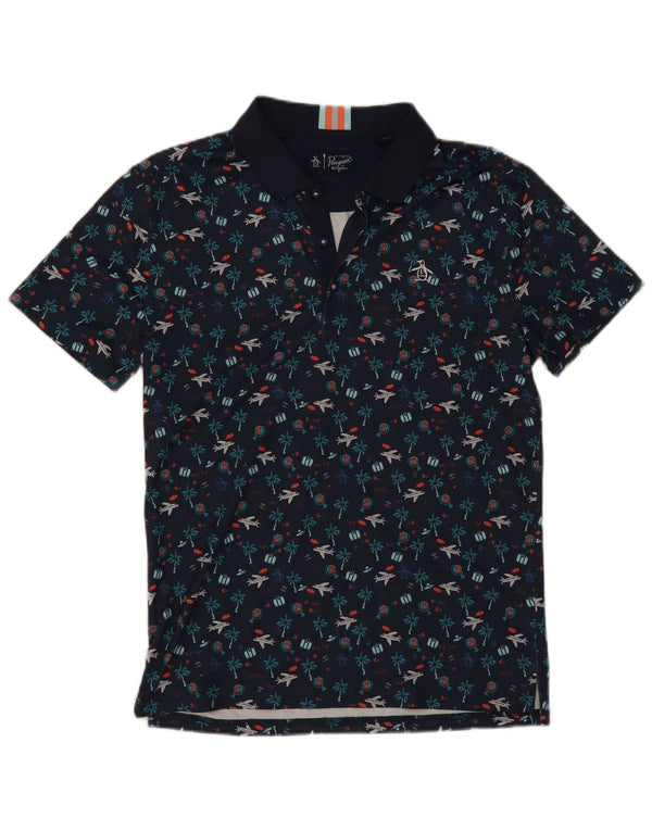 Camisa polo masculina gráfica Penguin pequena azul marinho poliéster