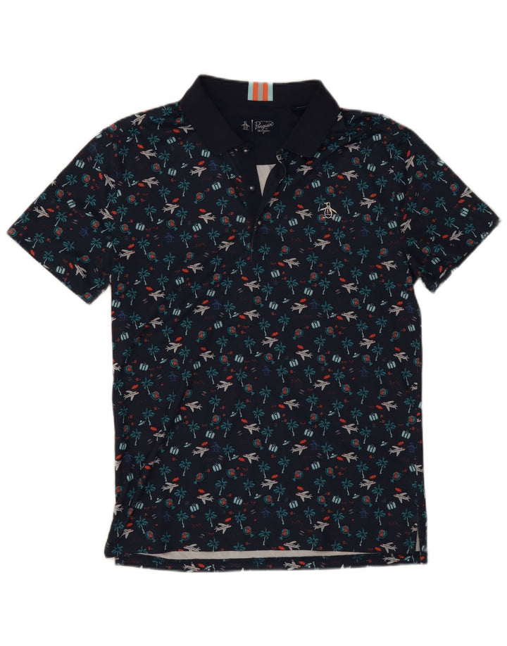 Camisa polo masculina gráfica Penguin pequena azul marinho poliéster