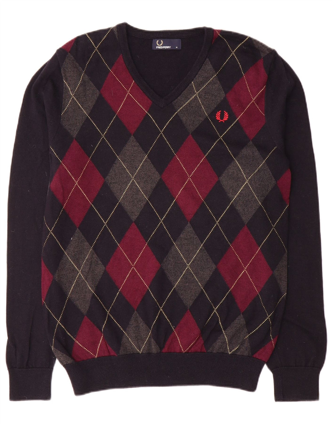 Fred Perry Suéter masculino com decote em V médio azul marinho Argyle/Diamante