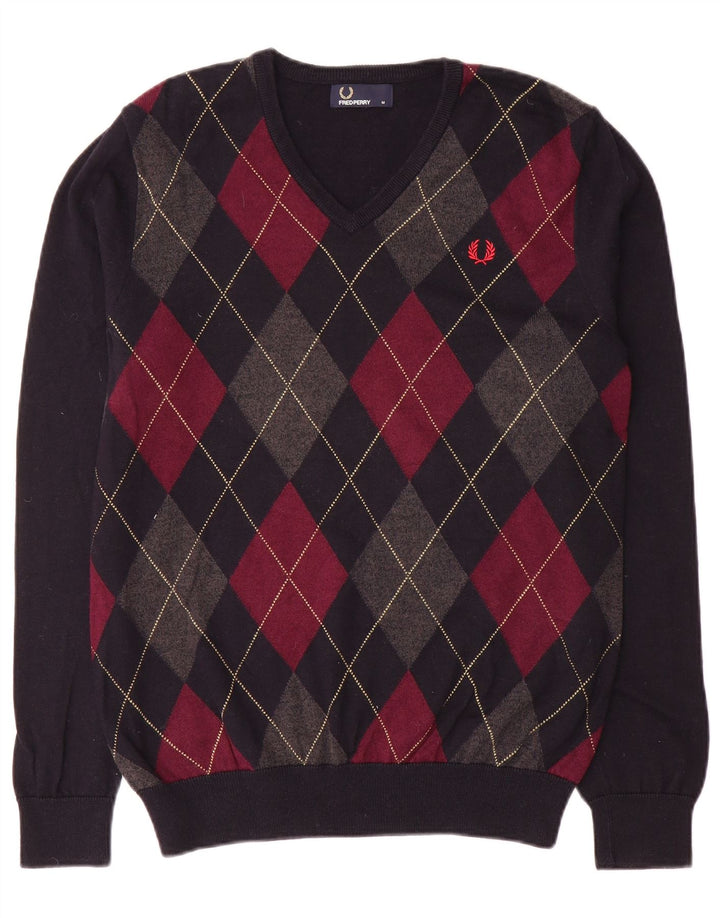 Fred Perry Suéter masculino com decote em V médio azul marinho Argyle/Diamante