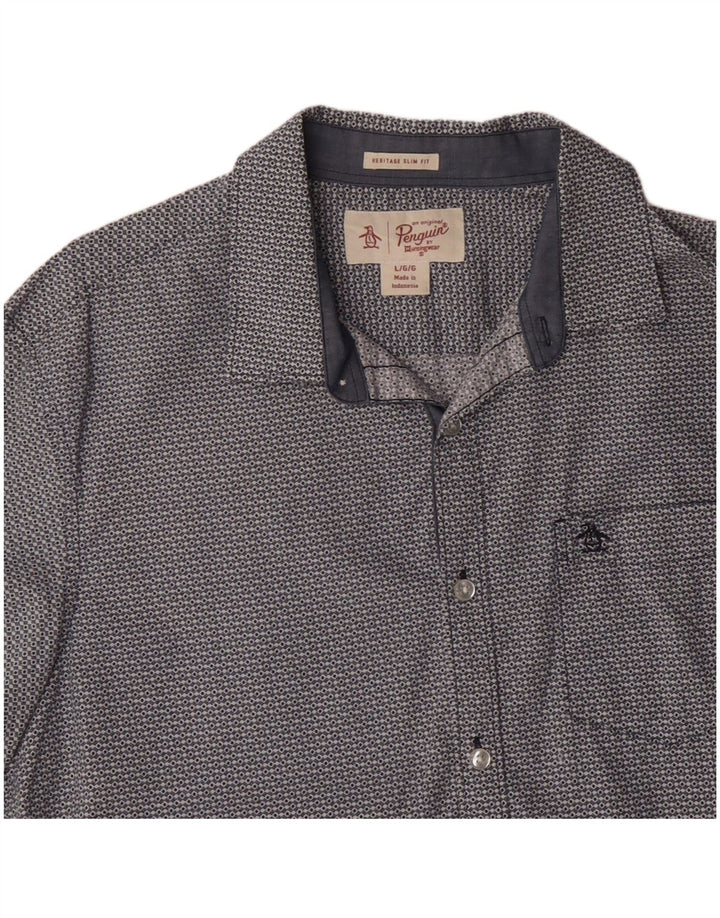 PENGUIN Mens Heritage Slim Fit Short Sleeve Shirt Large Blue Geometric