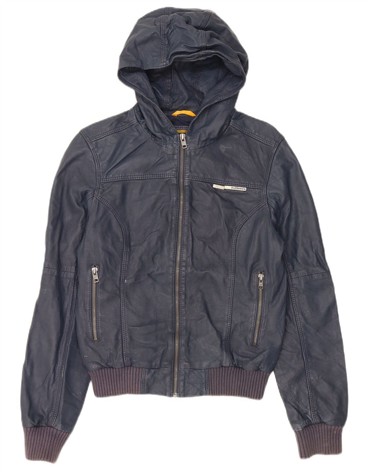Jaqueta de couro com capuz feminino Superdry Reino Unido 14 couro azul marinho médio