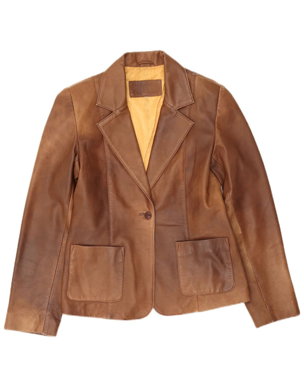 Jaqueta blazer feminina vintage de couro com 1 botão Reino Unido 10 pequena marrom