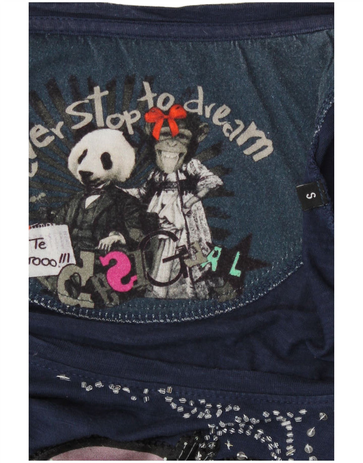 Blusa feminina Desigual com padrão abstrato Reino Unido 10 pequena azul marinho