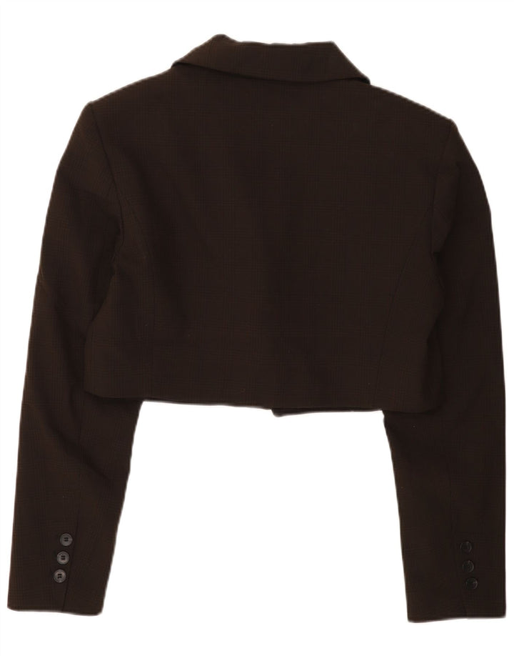 Jaqueta blazer feminina Zara Crop 1 botão Reino Unido 16 grande poliéster xadrez marrom