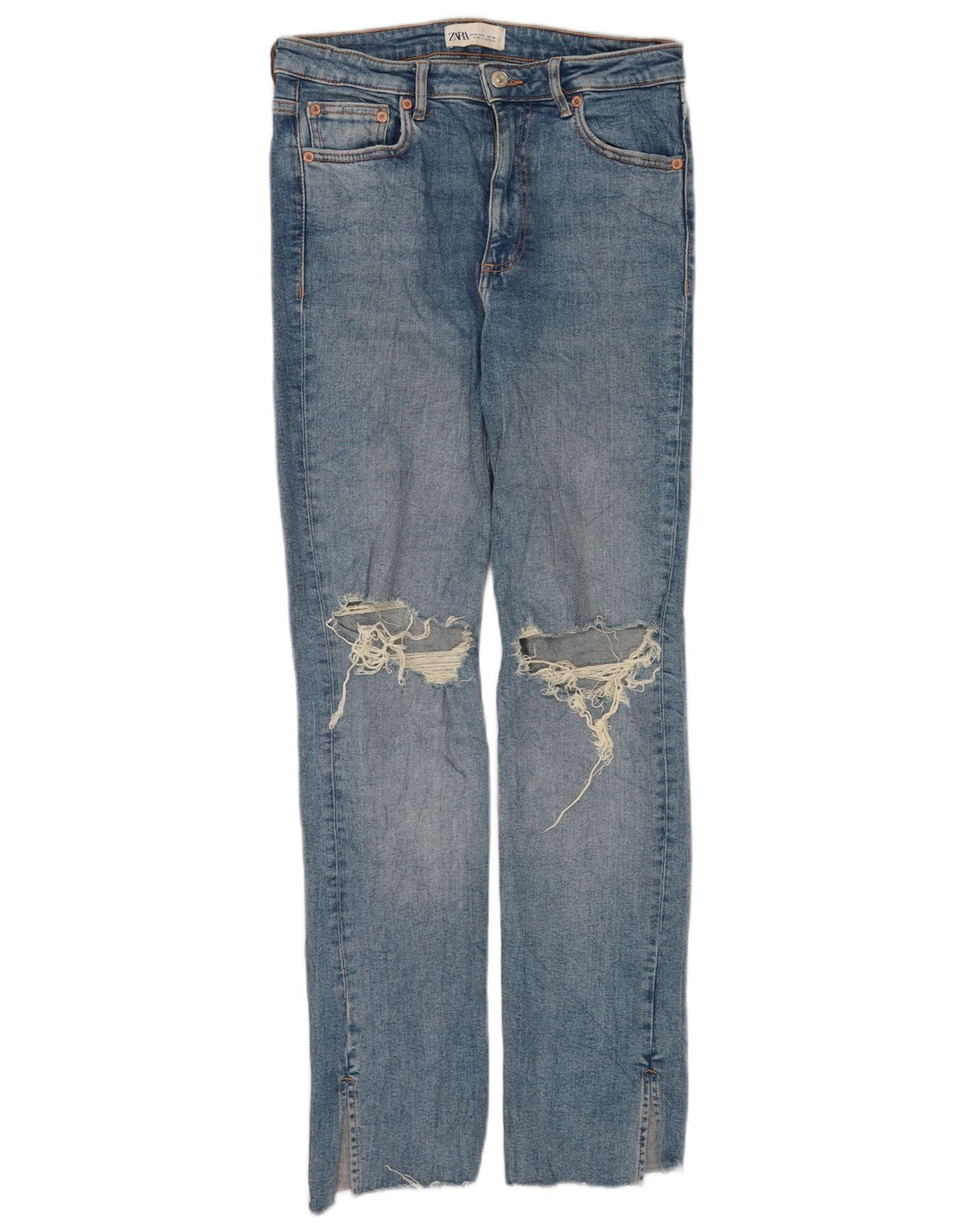 Zara Jeans feminino slim desgastado UE 40 médio W30 L31 algodão azul
