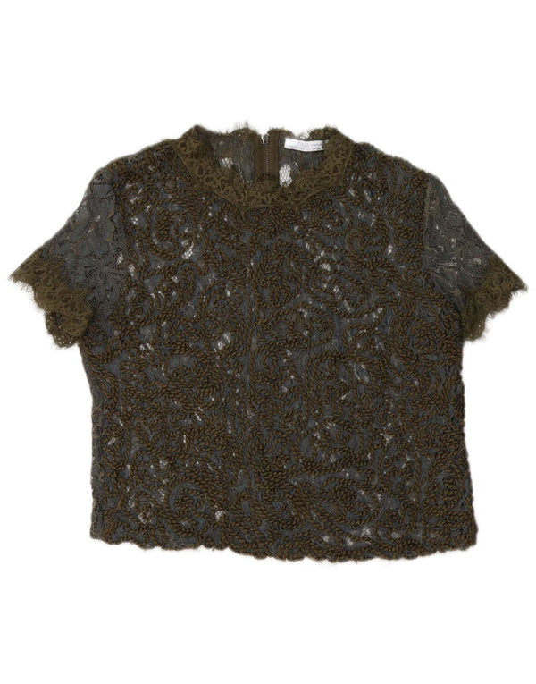 Zara Womens Crop Lace See Through Top UK 10 Small Khaki Floral