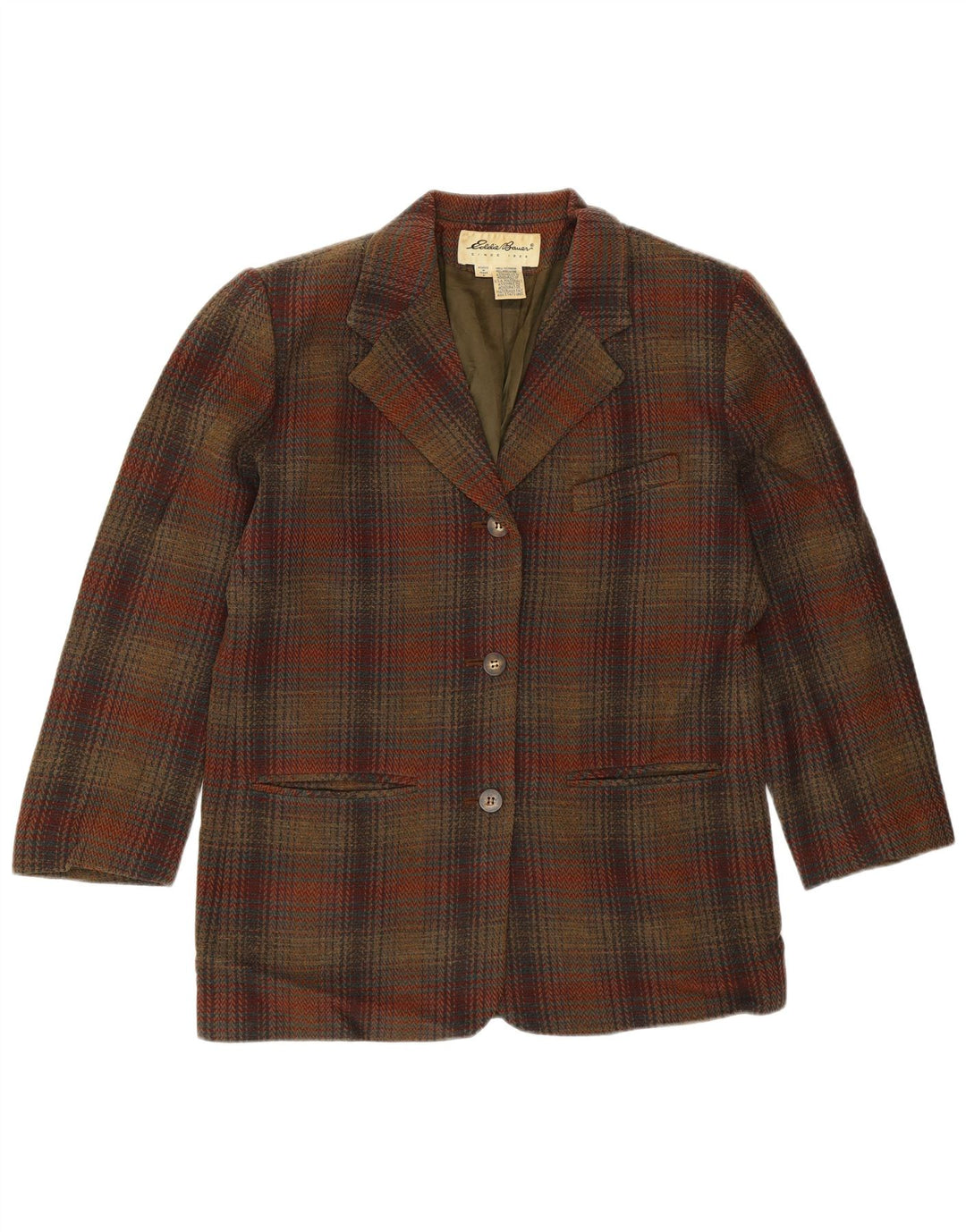 Jaqueta blazer feminina Eddie Bauer com 3 botões Reino Unido 14 lã xadrez marrom médio