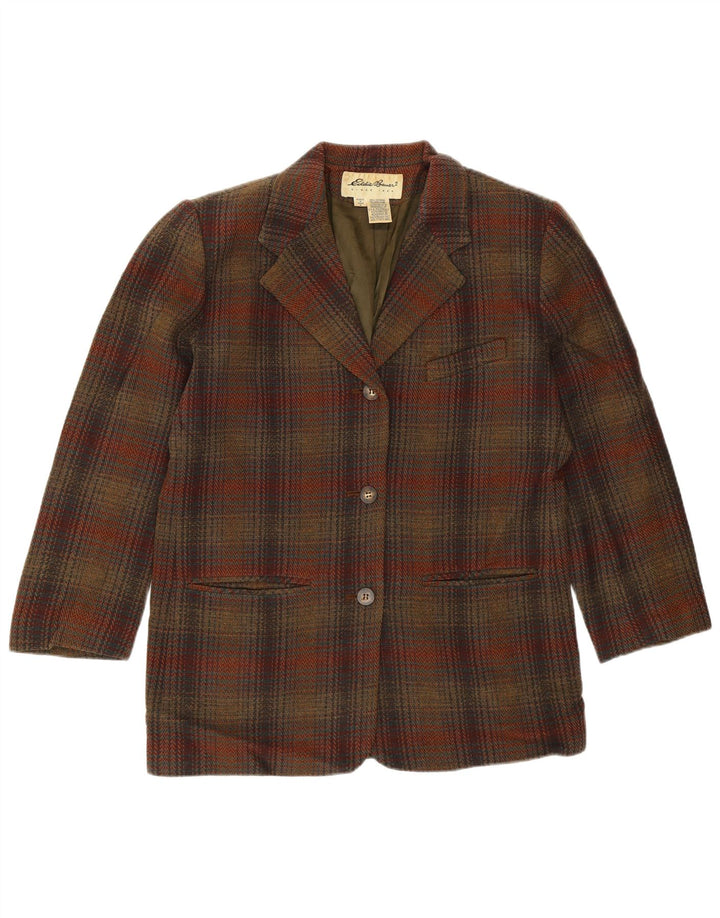 Jaqueta blazer feminina Eddie Bauer com 3 botões Reino Unido 14 lã xadrez marrom médio