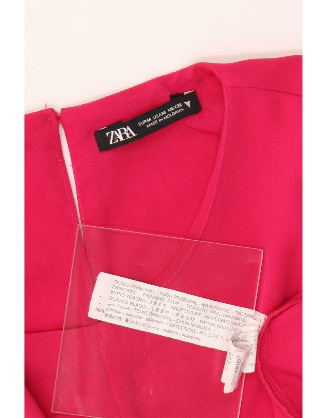 Vestido feminino Zara manga 3/4 linha A UK 12 poliéster rosa médio