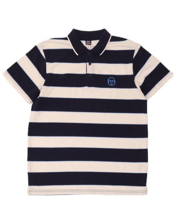 Sergio Tacchini Mens Polo Shirt Medium Navy Blue Striped Cotton