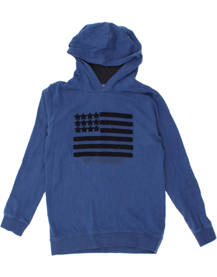 WOOLRICH Boys Graphic Hoodie Jumper 13-14 Years Blue Cotton Vintage Woolrich and Second-Hand Woolrich from Messina Hembry 