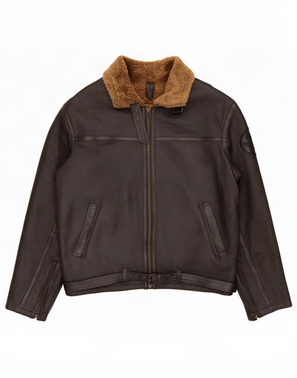 Jaqueta masculina vintage Shearling UK 46 3XL pele de carneiro marrom