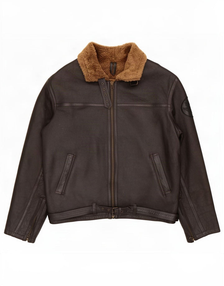 Jaqueta masculina vintage Shearling UK 46 3XL pele de carneiro marrom
