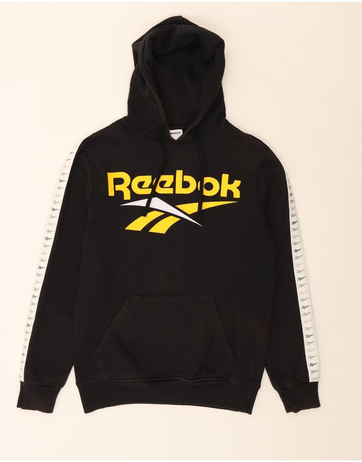 REEBOK masculino clássico gráfico moletom com capuz pequeno preto colorido bloco de algodão
