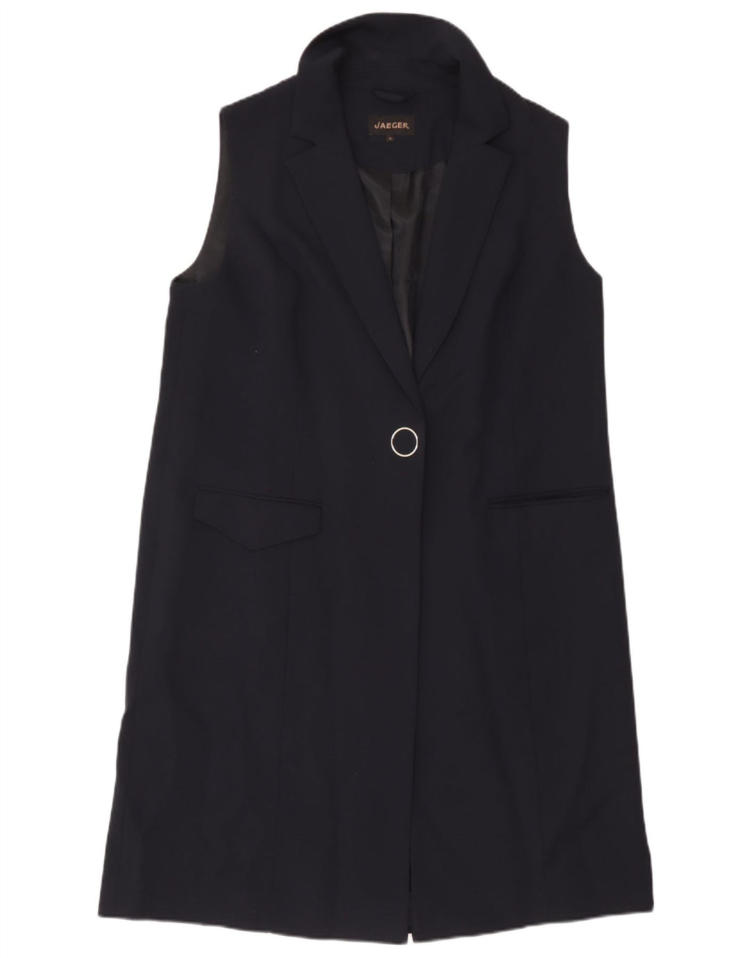 Jaqueta blazer feminina Jaeger Longline sem mangas Reino Unido 16 grande azul marinho