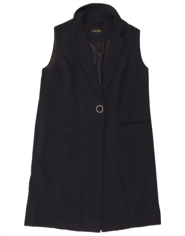 Jaqueta blazer feminina Jaeger Longline sem mangas Reino Unido 16 grande azul marinho