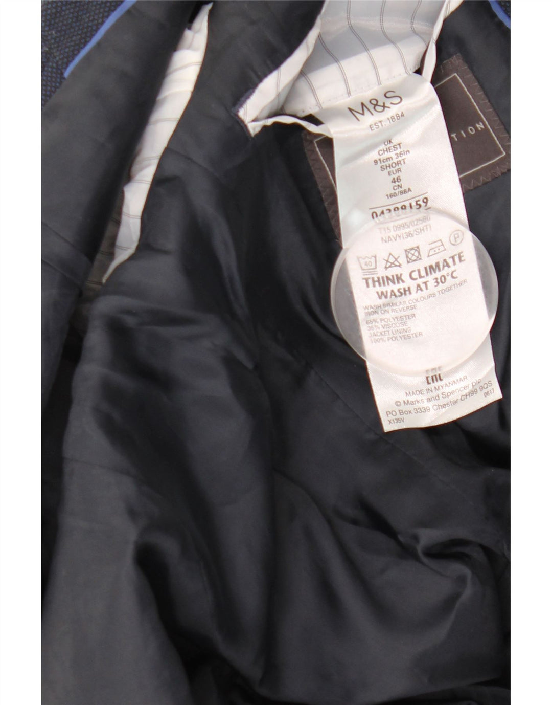 Jaqueta blazer masculina Marks & Spencer com 2 botões Slim Fit Reino Unido 36 pequena azul marinho