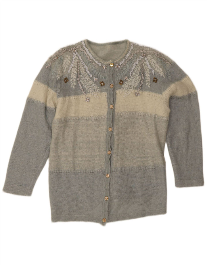 Suéter cardigã feminino vintage Reino Unido 12 bloco colorido azul médio